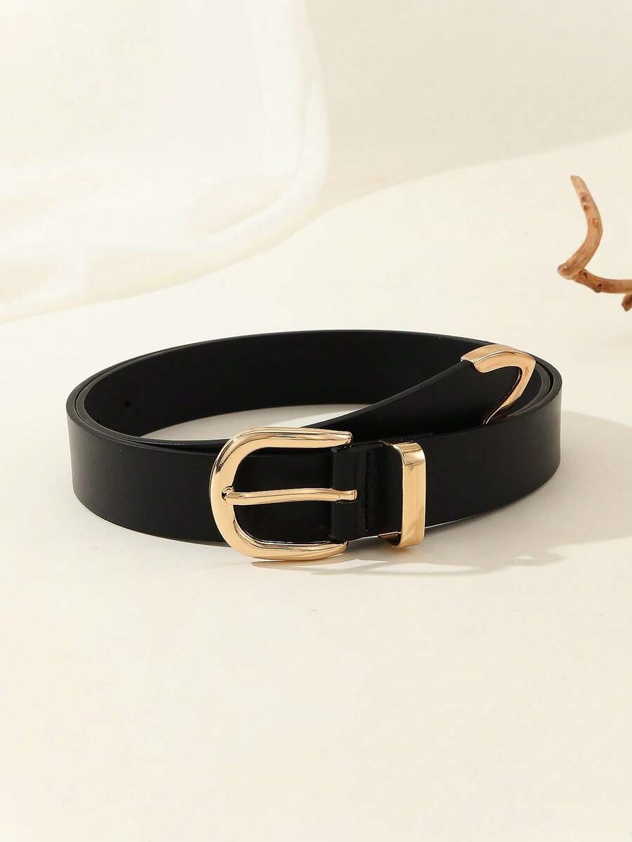 1pc Gold-Tone Fashionable Buckle Design Women's Belt For Dress Jeans Skirts Summer, School Fall, Autumn, Halloween  Casual    Polyurethane(PU)    Buckle - 黑色 - 查看 1