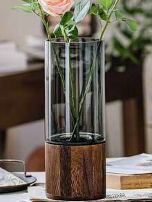 1pc Luxury Wooden & Glass Flower Vase Decor, Living Room Decoration Vase For Hydroponic Lucky Bamboo, Large Diameter Transparent Glass Flower Vase For Fresh Flowers - Multicolor - View 8