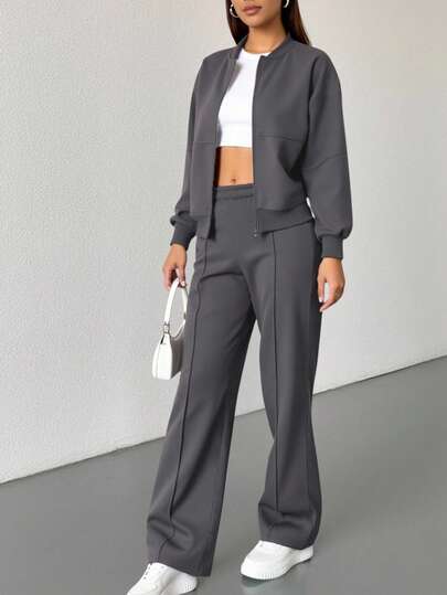 2 Stücke/Set einfarbige lässige Reißverschluss Frauen Hoodies, für Sport, Zuhause, Büro, Straßenmode, Frühling/Herbst/Winter