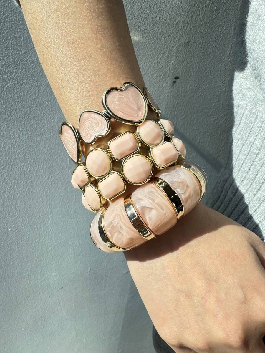 1pc Asymmetrical Crinkle White & Brown Tie Dye Resin Bracelet, Minimalist Elastic Thick Wide Bracelet, Versatile Daily Wear Stacking Jewelry For Women - Multicolor - View 1