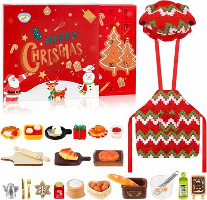 Calendario de Adviento 2025 con set de hornear de duende navideño, kit de 24 días con accesorios de Elf on the Shelf, incluye disfraz de panadero y mini utensilios de hornear para fiesta de Navidad, regalo para niñas (muñeca no incluida)