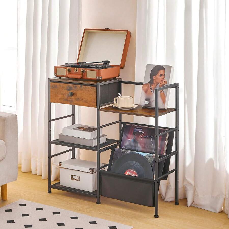 Record Player Stand, End Table With Vinyl Storage, 4 Tier Vinyl Record Storage, Side Table With Open Shelves, Turntable Stand For Living Room, Media Room, Rustic Brown - 棕色 - 查看 1