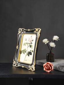 1个复古欧式3D花卉图案相框，室内温馨家居装饰照片展示框，可横竖使用，适用于家居墙面、橱柜、节日和派对装饰 - 黑色 - 查看 3