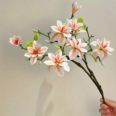 1pc Luxury Champagne Artificial Magnolia Flower - Elegant White & Golden Floral Arrangement With Stems, No Maintenance Fake Flowers For Home, Living Room And Bedroom Office And Dining Table Wedding, Party Decor