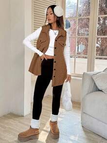 Women'S Plus Size Olive Green Fleece-Lined Stand Collar Jacket With Pockets - Casual Sleeveless Vest For Fall & Winter, Soft Texture, Button-Up Front, Loose Fit, Perfect For Casual Attire, Winter Jacket, Vest Woman Autumn/Spring, Vest Woman Curve/Plus Size, We Sleeve Large Size, Bodywarmer Woman Large Sizes - Màu Khaki - Xem 8