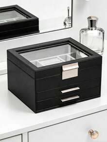 Jewelry Box With Glass Lid, 3-Layer Jewelry Organizer, 2 Drawers, For Big And Small Jewelry, Jewelry Storage