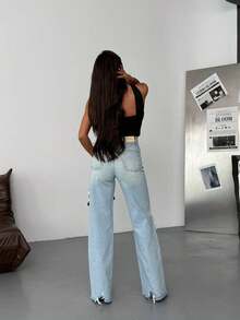 SQUALO Women's Wide Leg Color With Pocket Details Destroyed Retro Washed Street Style Jeans Ripped And Cutout Wide Leg Jeans - Baby Blue - View 7