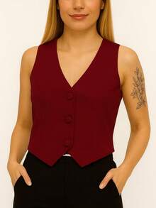 Short Faux Leather Dress Vest With Buttons, V-Neck, Sleeveless. - 皮革酒紅色 - 查看 1