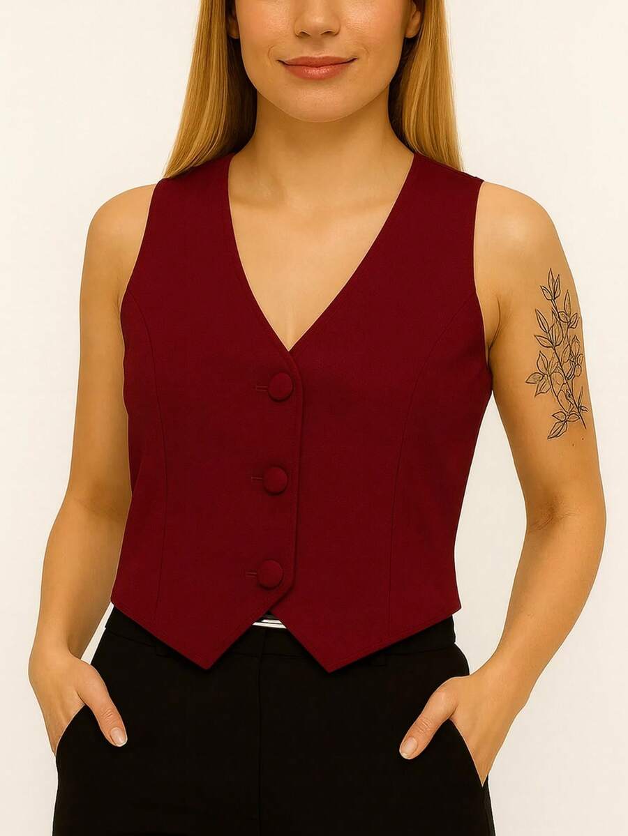 Short Faux Leather Dress Vest With Buttons, V-Neck, Sleeveless. - 皮革酒紅色 - 查看 1