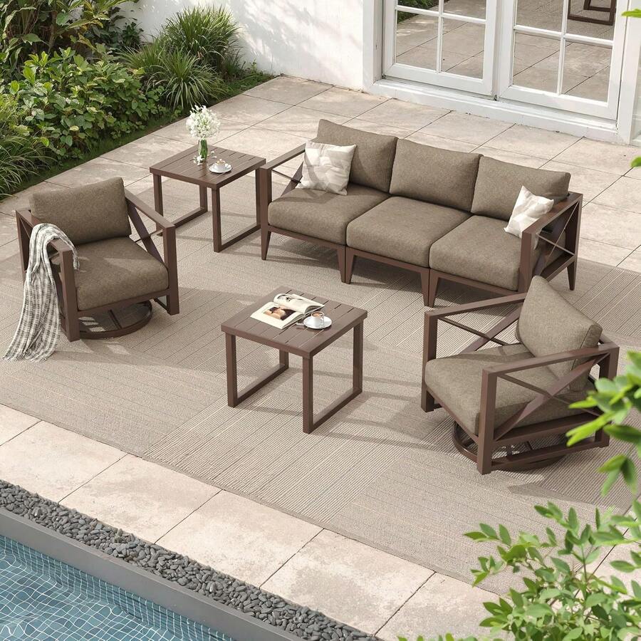 MBY Oversized Aluminum Patio Furniture Set,-Piece Outdoor Conversation Set With Swivel Rocking Chairs & Coffee Table, Modern Weather-Resistant Seating Deck,Yard,Balcony,Poolside-Brown - 白色 - 查看 1