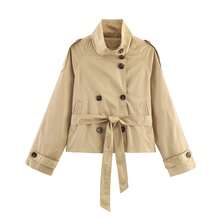 Women's Fashion Solid Color Belted Long Sleeve Jacket Casual Button Slim Fit Stand Collar Coat - Khaki - View 8