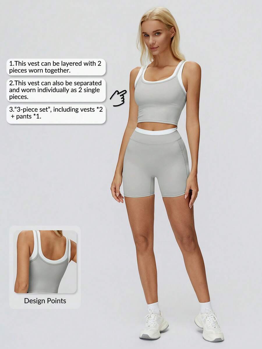 MASKERT Conjunto deportivo de 3 piezas con bloques de color para mujer: Top corto sin mangas 2 en 1 + Pantalones cortos de cintura alta, diseño con ribete, ajuste ceñido y que realza la figura, para yoga y fitness en verano - Gris Claro - Ver 1