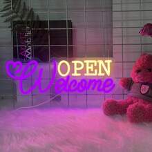 1 Stück Willkommen Offen Neon Schild, Geschäft Willkommen Schild, LED Schild, Kommerzielle Neon Wanddekoration, Neon Licht Offen Schild mit USB-Stromversorgung, für Gewerbe, Bar, Geschäft, Salon, Hotel - Lila + Zitronengelb - Übersicht 2