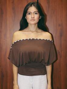 New Stylish & Elegant Women Open Shoulder Adjustable Button Collar Blouse, Sexy Casual Everyday Wear, Suitable For All Seasons Summer - Brown - View 6