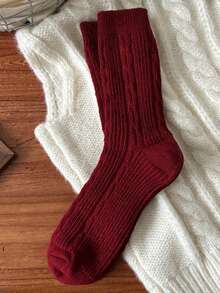 1 đôi tất nữ dày dặn, màu trơn thời trang, màu đỏ cổ điển, mềm mại và ấm áp, thích hợp cho mùa thu/đông, họa tiết cún con và hươu dễ thương, kiểu dáng ngọt ngào và năng động dành cho nữ, cao đến bắp chân. - Đỏ - Xem 6