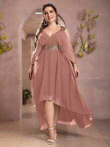 UNITHORSE V-Neck Embroidered Waist Flare Chiffon Dress - Dusty Pink - View 5