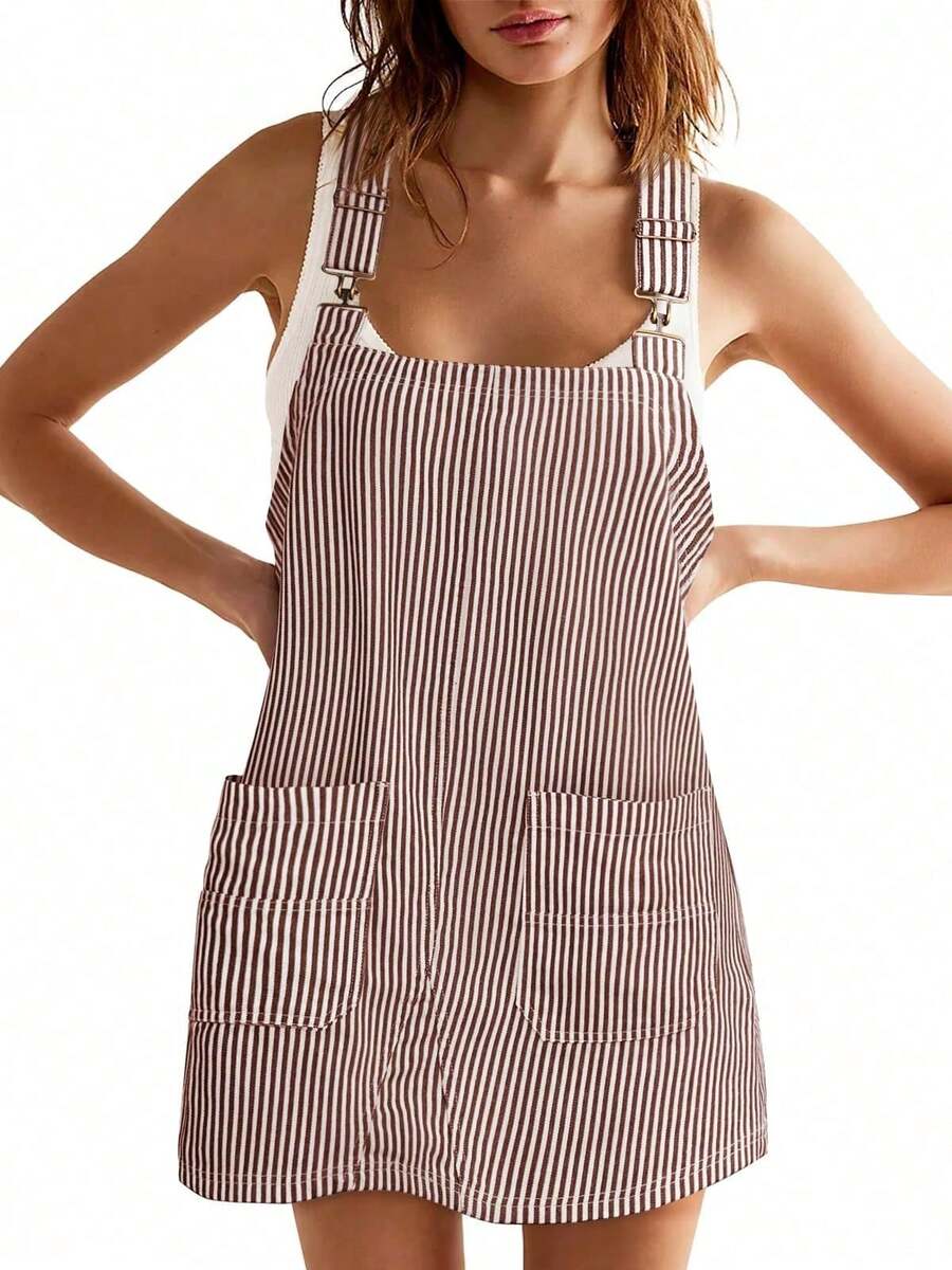 Imily Bela Womens Casual Denim Overalls Dress Romper Sleeveless Adjustable Straps Jean Dress With Pockets - 棕色 - 查看 1
