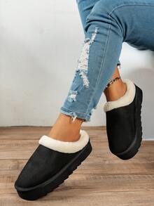 Autumn/Winter Soft Plush Warm Quiet Thick Sole Mid-Heel Closed-Toe Slippers For Teenagers, Girls Fashion Simple Versatile Casual Slip-On Slippers