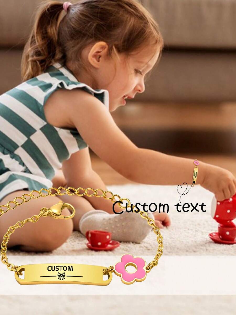 1pc Cute Stainless Steel Curved Plate Small Flower 18K Gold/Silver Butterfly Knot Pattern Bracelet, Personalized Name Customization, Children's Jewelry, Unique Gift For Kids, Children's Day Commemorative Accessory - Multicolor - View 1