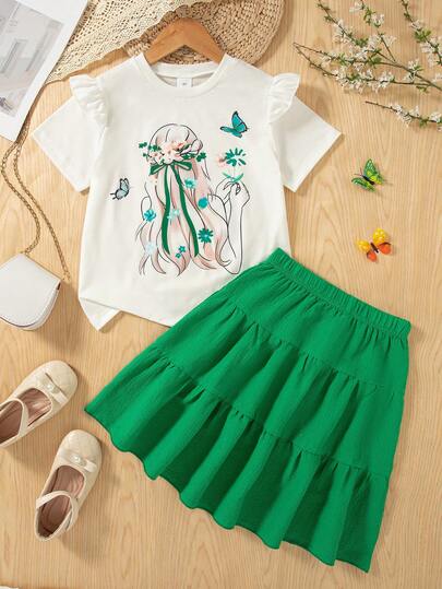 2pcs/Set Girls Casual Cartoon Print Decorated Short Sleeve Top And Mini Skirt Set, Summer