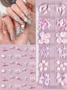 60 miếng dán móng tay 3D họa tiết bãi biển mùa hè - Cây dừa, vỏ sò, sao biển, vỏ ngọc trai, đuôi cá, ốc xà cừ, tiệc bãi biển, miếng dán móng tay màu tím cực quang, dụng cụ làm móng, không gây dị ứng, hộp đựng tiện lợi. - Màu Hồng baby - Xem 7