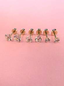 2-6pcs/Set Stainless Steel Round Cubic Zirconia Ear Piercing For Women Men CZ Shiny Gold Color Stud Earrings - Gold - View 7