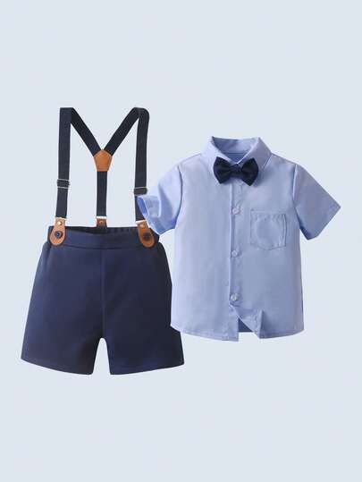 BOARNSEORL 2pcs Young Boys Gentleman Outfit - Blue Short Sleeve Shirt With Bow Tie And Navy Blue Suspender Pants, Fashionable, Elegant, Suitable For Birthday Party, Family Gathering, Wedding, Christening