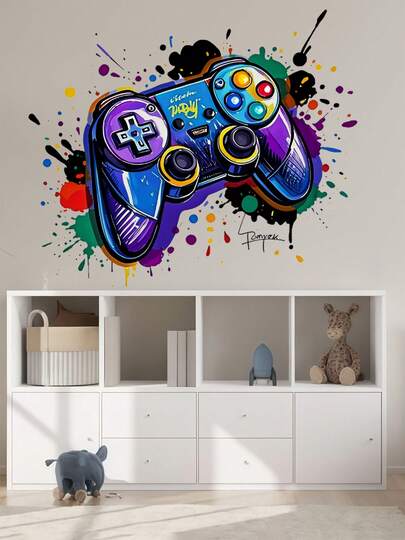 Snygg graffitifärgad spelkontroll självhäftande väggdekal för vardagsrum, sovrum, arbetsrum, internetcafé, dekoration, klistermärke i punkstil med mönster för spelkontroll för att dekorera rum, dörr