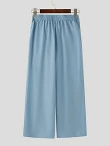 Mens Buttons Puff Long Sleeve Blouse Sheer Tops Shirt Elastic Waist Long Pants Wide Leg Trousers Casual 2PCS Sets Outfits - 藍色 - 查看 6