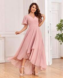 Women's V Neck Bridesmaid Dresses With Sleeves For Wedding Chiffon A-Line Pleated High Low Formal Gown With PocketsHalloween Christmas New Year 2026 - Xanh đậm - Xem 2