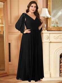 EVERPRETTY Plus Size V Neck Embellished Petal Sleeve Long Formal Dress Vintage Flared Hem Party Dresses Black Evening Dresses For Women