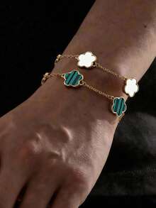 2 Pcs Fashionable Design Classic Clover Charm Men's Bracelet Gift, Clover Bracelet In Two Colors, Father's Day Gift, Gift For Mother, Easter Gift, Holiday Gift, Accessories, Office Outfit, Musty, Punk Style, Casual Accessories, Suitable For Parties, Celebrations And Wedding, Graduation Gift - Multicolor - View 2