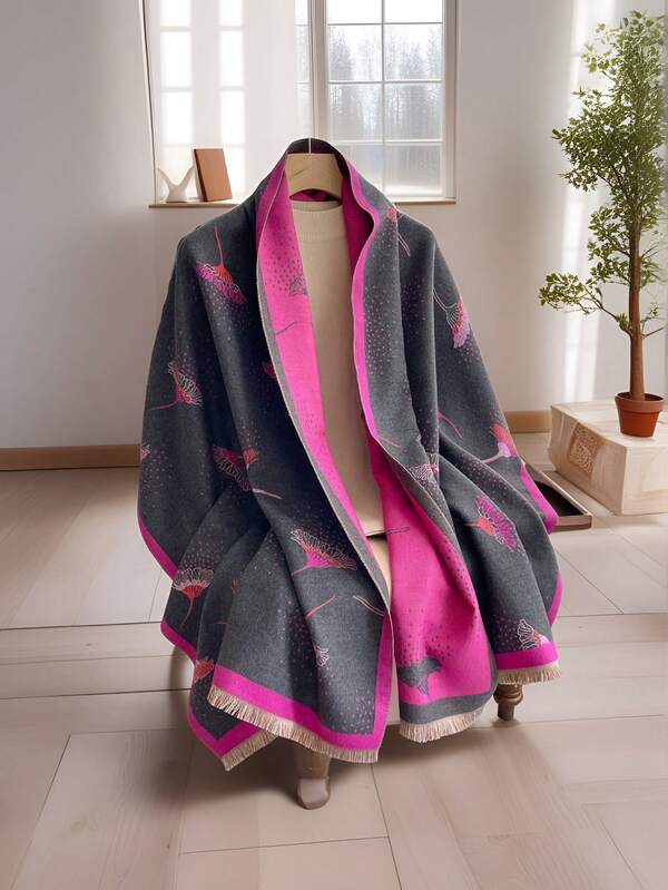 1pc Floral Jacquard Knit Faux Cashmere Warm Scarf/Wrap For Women, Versatile Fashion Accessory For Autumn/Winter, Suitable For Decoration