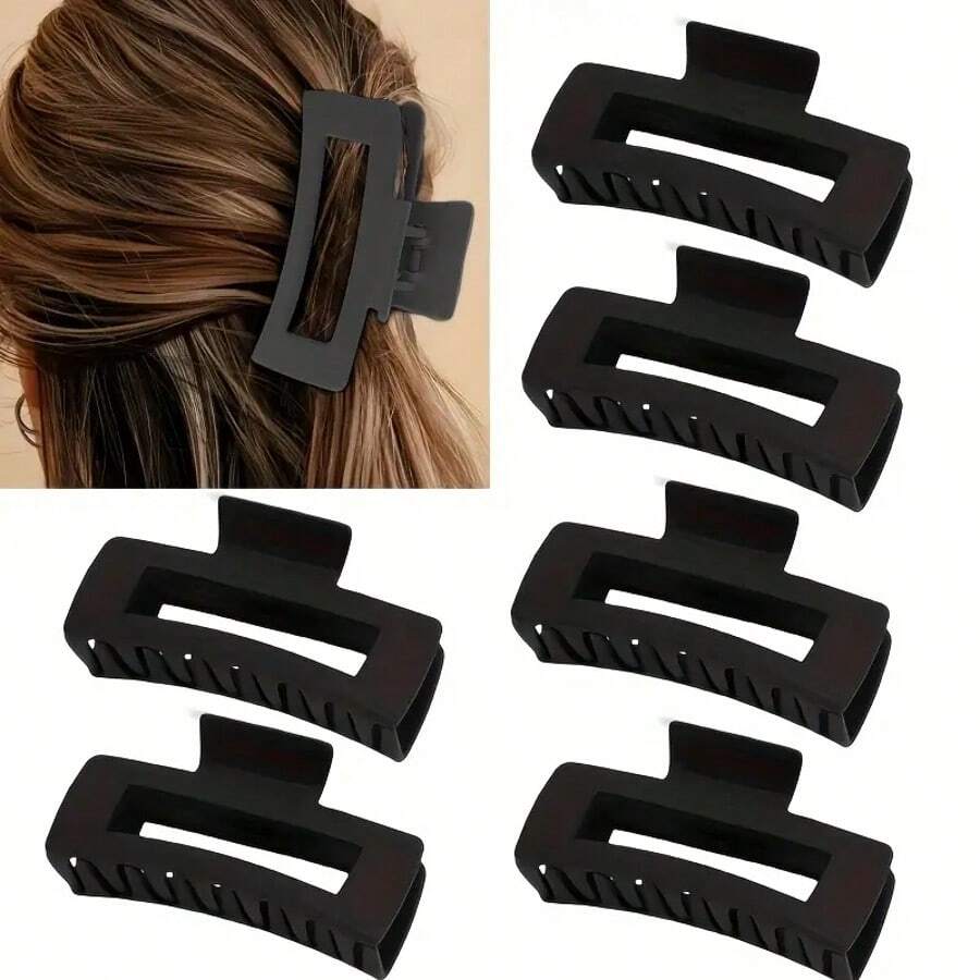 6 piezas Pinzas de pelo cuadradas negras mate de 4.33in/11cm, de alta capacidad, minimalistas y elegantes. Agarre fuerte, accesorio de pelo esencial para uso diario y redes sociales, adecuado para todos los estilos de cabello. Pinza de pelo elegante, pinza de pelo casual - Negro - Ver 1