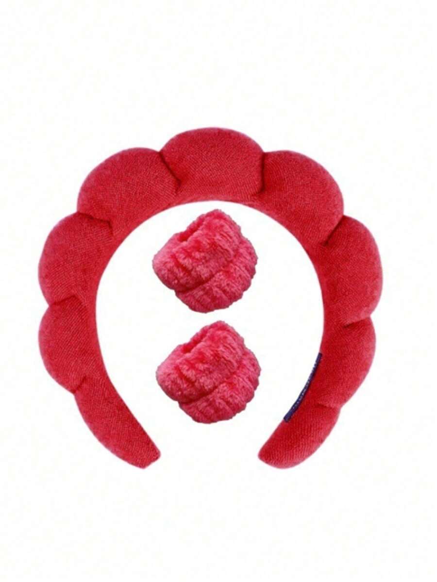 3pcs Solid Color Bathroom Headband And Wristband Set, Home Bathroom Decor, Autumn Decor, Back To School Hair Accessories - Red - View 1