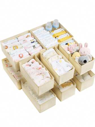 12pcs/9pcs/6pcs/3pcs Beige Fabric Compartment Underwear Storage Box, Foldable Drawer Organizer For Socks, Bras, Towels, Ties, Home Decor, Bedroom Decor
