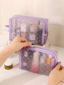 Borsa cosmetica in rete traspirante a motivo a cuore, borsa organizer trasparente portatile, borsa portaoggetti per trucchi di grande capacità e multifunzionale, borsa, borsa per trucchi, elemento essenziale da viaggio - Multicolore - Visualizzare 4