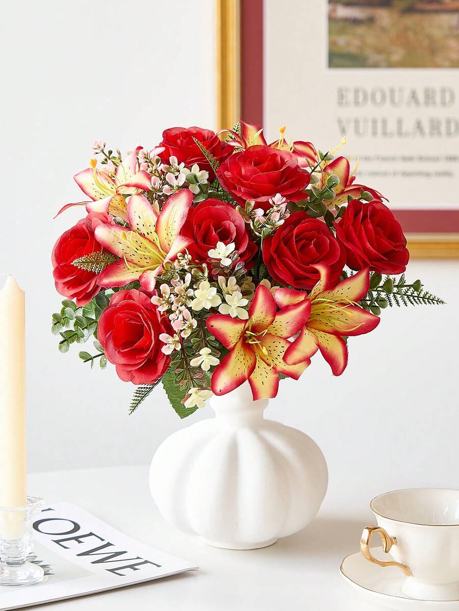 1束情人节仿真花玫瑰百合花束，假玫瑰塑料薰衣草仿真玫瑰花插花人造植物，适用于情人节礼物、家居派对餐桌装饰、中心摆件、婚礼装饰 - 紅色 - 查看 1