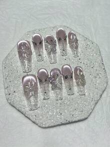 10片春季3D泡桐花手工按压式美甲贴片，闪亮紫色和粉色猫眼假指甲，珍珠蝴蝶花瓣，超长美甲用品（1片果冻贴纸+1个指甲锉） - 淡紫色 - 查看 3