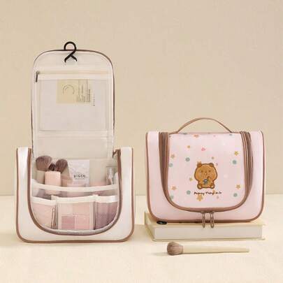 1件新款旅行洗漱包可悬挂，饰有刺绣口红图案，外观高端，可作收纳袋、化妆包，设计可爱，适合在生日和情人节送礼。