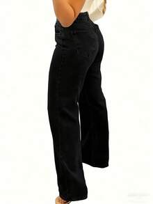 Sweet & Cool Pearl Embellished Washed Straight Leg Jeans - Women's Mid Rise Non-Stretch Denim - Black - View 3