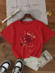 Women's Solid Color Short Sleeve Casual Basic Round Neck T-Shirt - Red - View 1