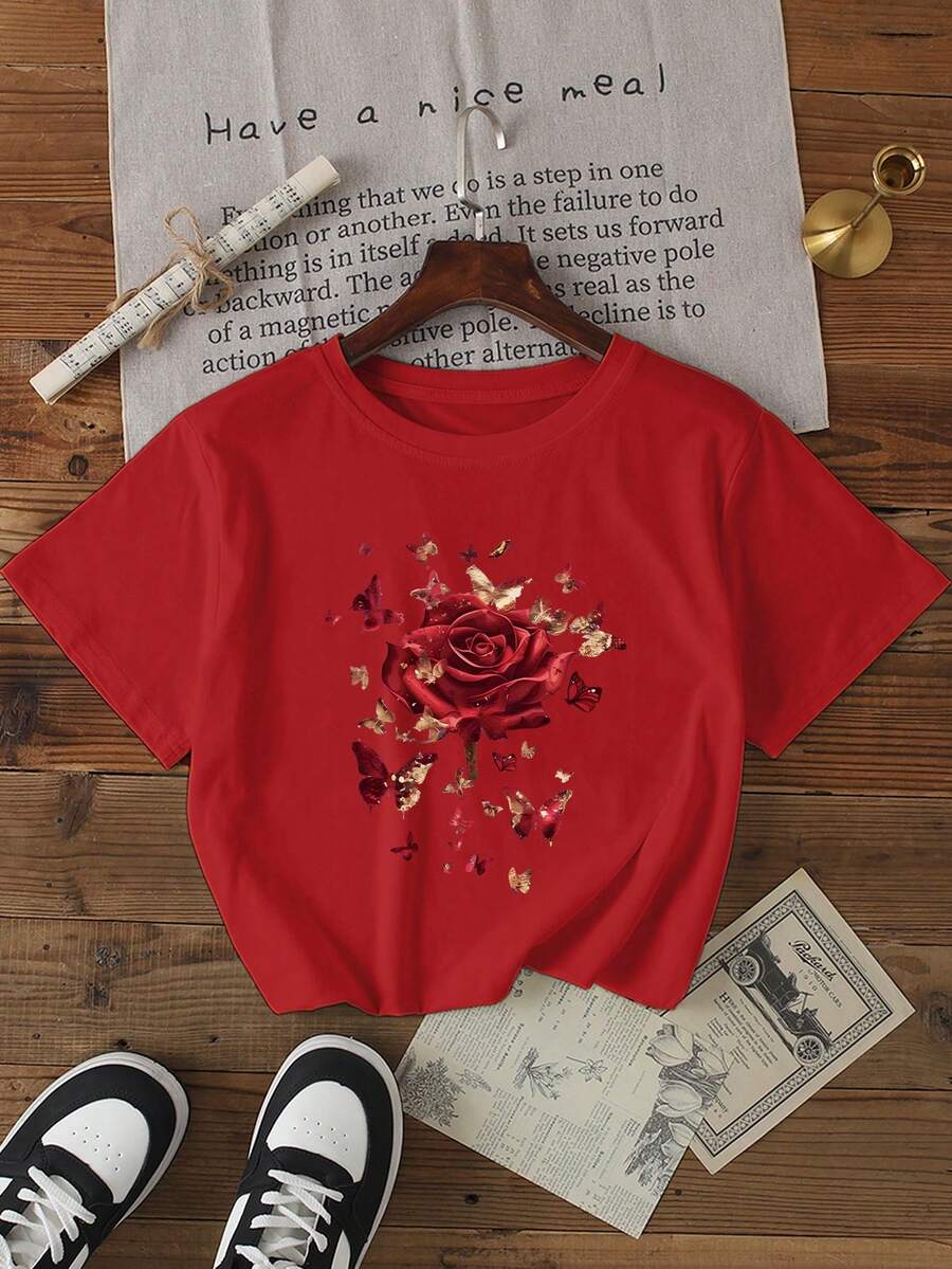 Women's Solid Color Short Sleeve Casual Basic Round Neck T-Shirt - Red - View 1