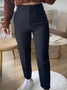 Pantalón Pinza  Liso    Elegante  Casual    Tela    Cremallera  Bolsillo    Pinza   Formal y de noche - Negro - Ver 1