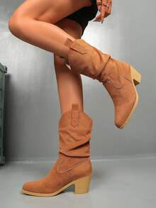 Plus Size Women Slip-On Ankle Boots, Comfortable Suede Mid-Calf Slouch Boots - Burnt Orange - View 4