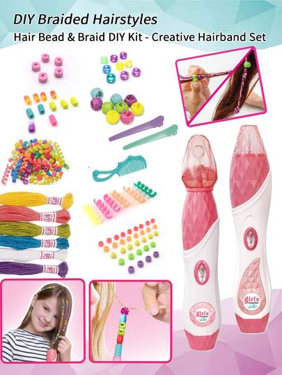 女孩DIY编发套装，包含8种颜色的发饰珠子和6种颜色的发圈，配有卷发器、编发梳、彩色橡皮筋和全套工具。轻松打造马尾辫、鱼尾辫、双辫等各种创意发型。适合派对造型，便携设计。