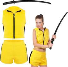 Shihanee 3 Pcs Killer Cosplay Costume Set For Women Yellow Crop Top Shorts With Black Knife For Halloween Outfit Accessories - Black - View 1