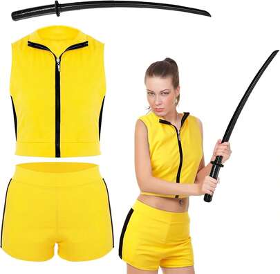 Shihanee 3 Pcs Killer Cosplay Costume Set For Women Yellow Crop Top Shorts With Black Knife For Halloween Outfit Accessories