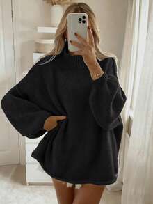 2026秋冬新款女装时尚街头风休闲宽松高领针织套头毛衣，适合返校季、情人节、新年、圣诞节、约会之夜、韩版风格、秋季、端庄女装、Y2K风格、外出上衣、演唱会女装、约会之夜女装、新年、女装冬季、沙特国庆日、时尚、乡村风黑色 - 黑色 - 查看 2