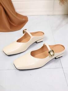 Classic Retro Solid Color Buckle PU Leather Slip-On Shoes, Suitable For Beach, Wedding, Party, Office, Indoor & Outdoor, Spring/Summer - Beige - View 3